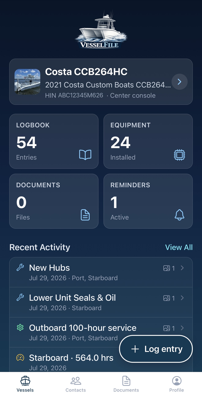 The VesselFile dashboard for a centre-console boat, showing 54 logbook entries, 24 installed items of equipment and recent maintenance activity