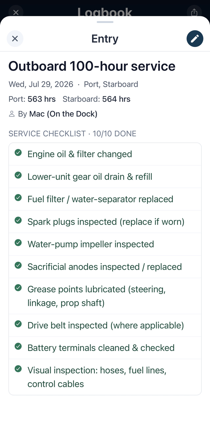 A completed VesselFile logbook entry showing all ten checklist items done and per-engine hours
