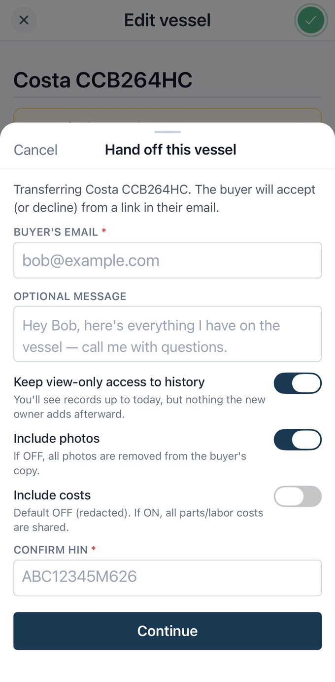 VesselFile's hand-off screen, transferring a vessel to a buyer by email with options to keep view-only access and to redact costs