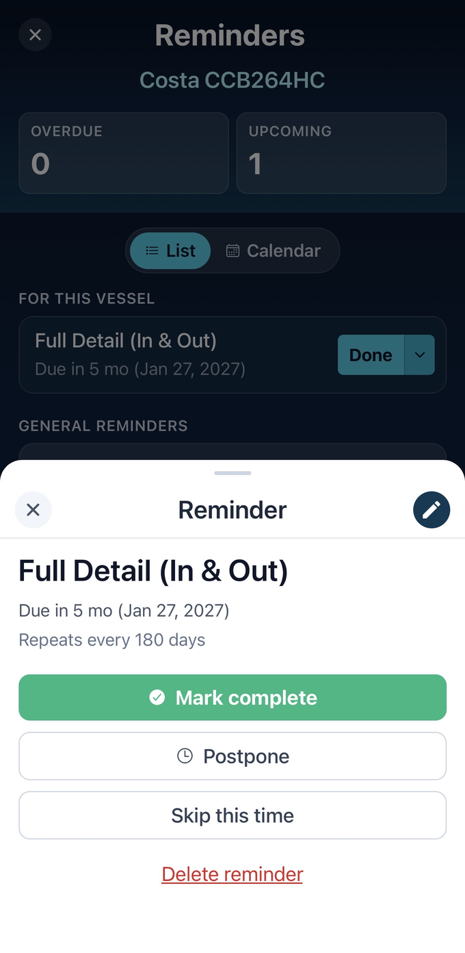 A VesselFile reminder that repeats every 180 days, with options to complete, postpone or skip