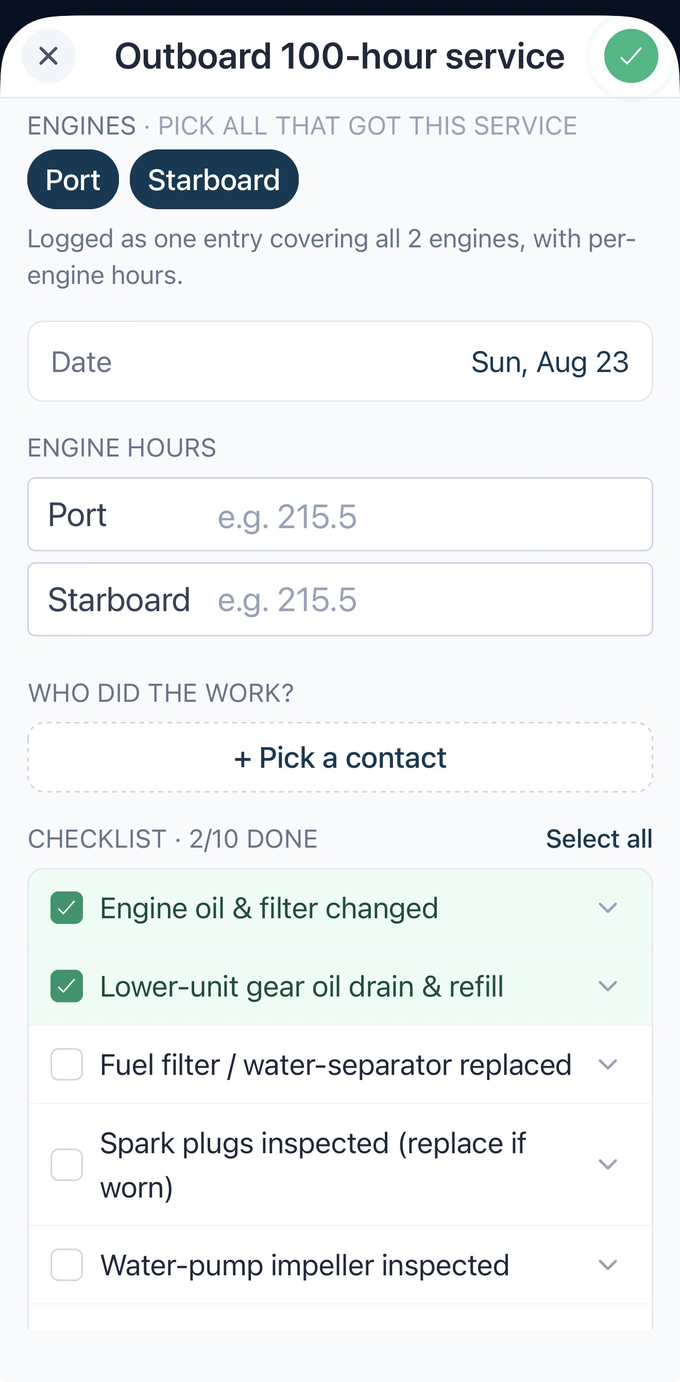 Logging a 100-hour outboard service in VesselFile, with both engines selected and a ten-point checklist